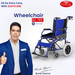 Blue wheelchair with 'EASYCARE' branding and a person in a blue suit giving a thumbs-up.