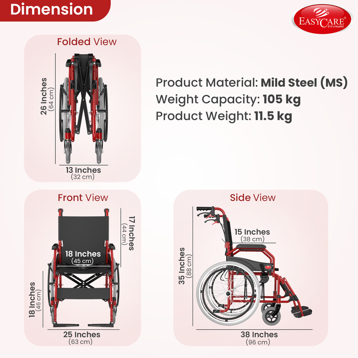 EASYCARE® Imported MS 11kg Ultra Lightweight Transporter Wheelchair with Hand Brake, Attendant Break & Quick Lock, Seat Belt, Foldable Backrest, Flip-Up Leg Rest, 105kg Capacity (20 Inches)