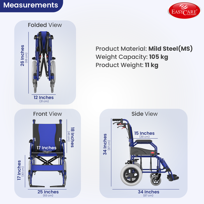 Measurement chart of a blue wheelchair with specifications on a white background, featuring the EasyCare brand.