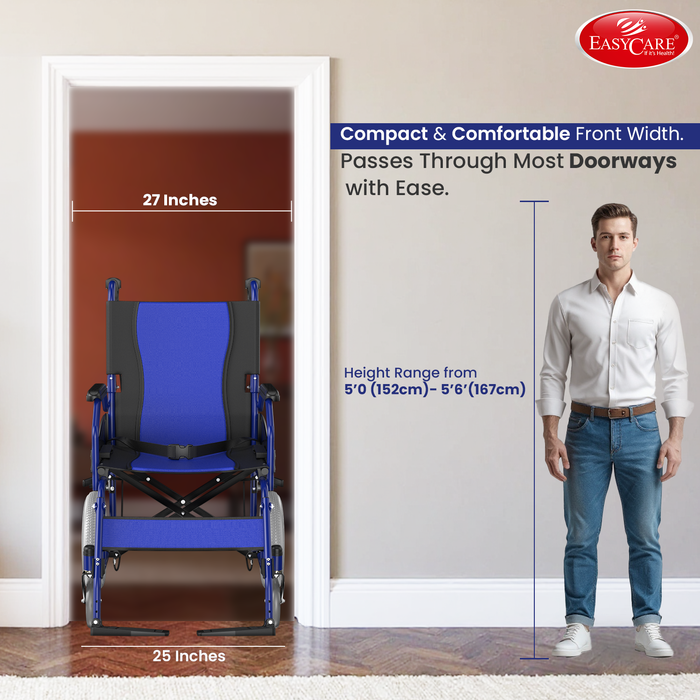 Blue wheelchair shown passing through a doorway with a man standing next to it, demonstrating ease of use.