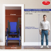 Blue wheelchair shown passing through a doorway with a man standing next to it, demonstrating ease of use.
