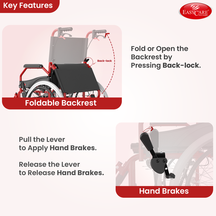EASYCARE® Imported MS 11kg Ultra Lightweight Transporter Wheelchair with Hand Brake, Attendant Break & Quick Lock, Seat Belt, Foldable Backrest, Flip-Up Leg Rest, 105kg Capacity (20 Inches)