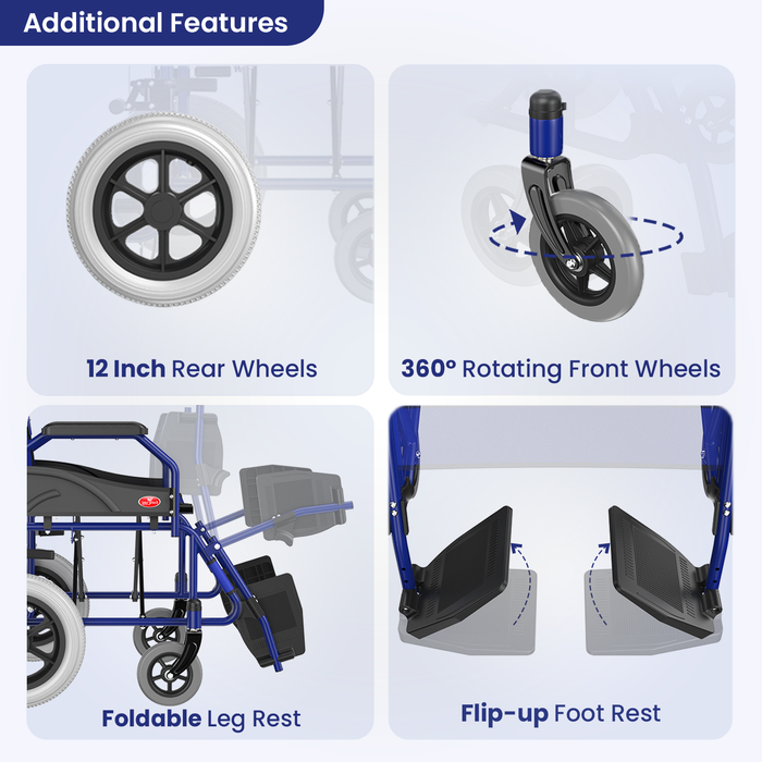 Wheelchair features including 12 inch rear wheels, 360° rotating front wheels, foldable leg rest, and flip-up foot rest on a white background.