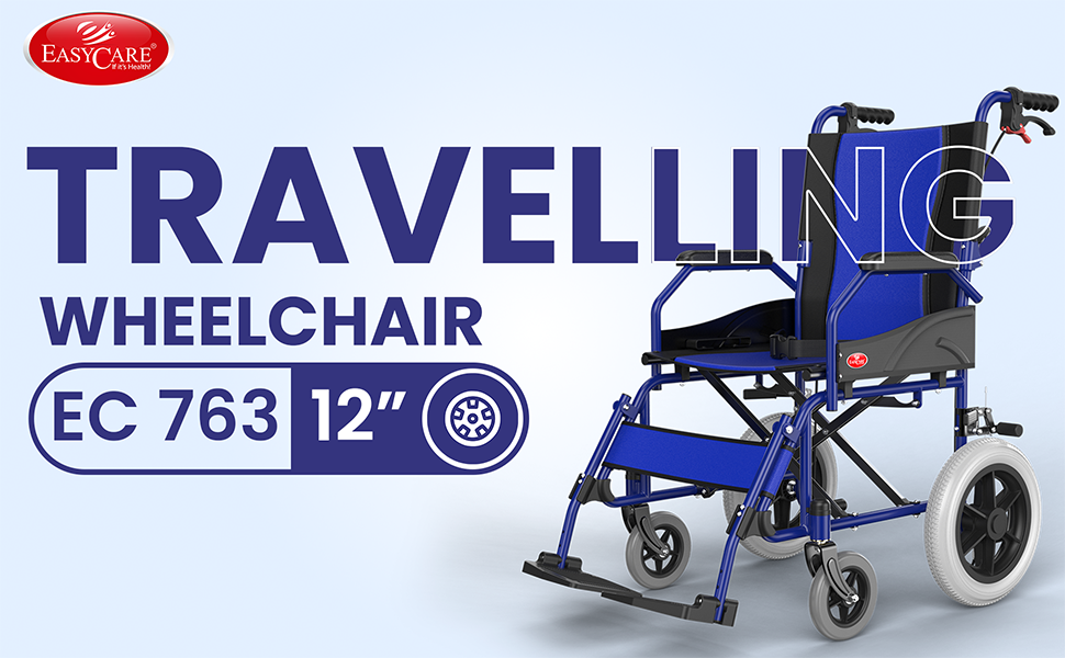 Blue travelling wheelchair with text on a light blue background