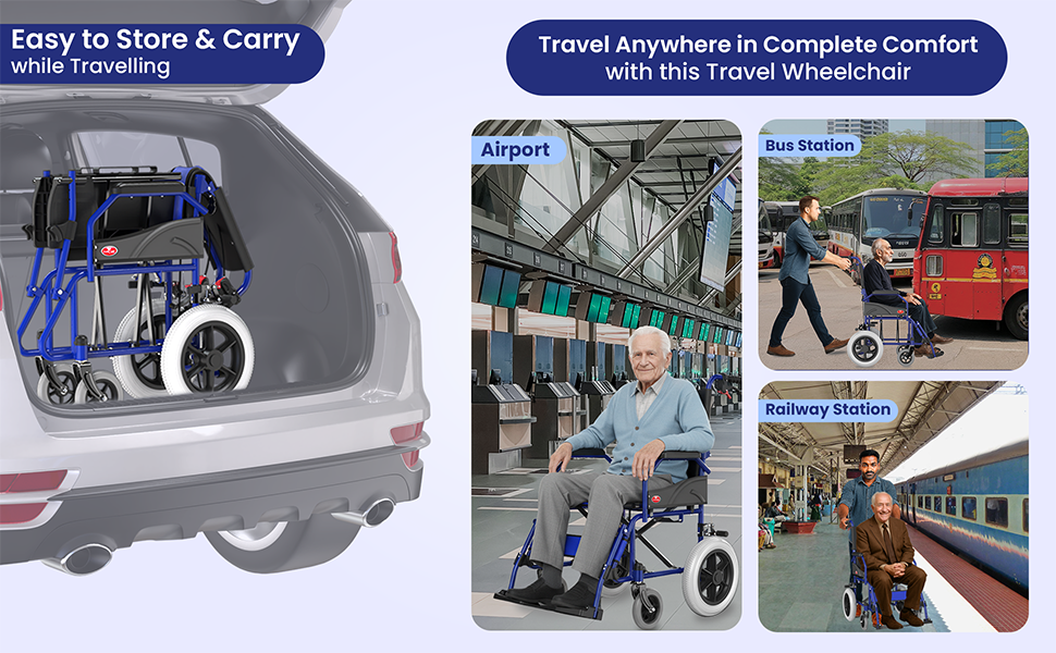 Travel wheelchair being stored in a car trunk, used at an airport, bus station, and railway station.