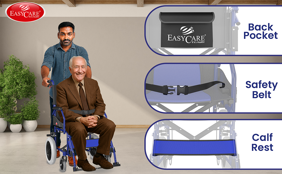 Man using a wheelchair with EasyCare accessories, including a safety belt and back pocket, in a home setting.