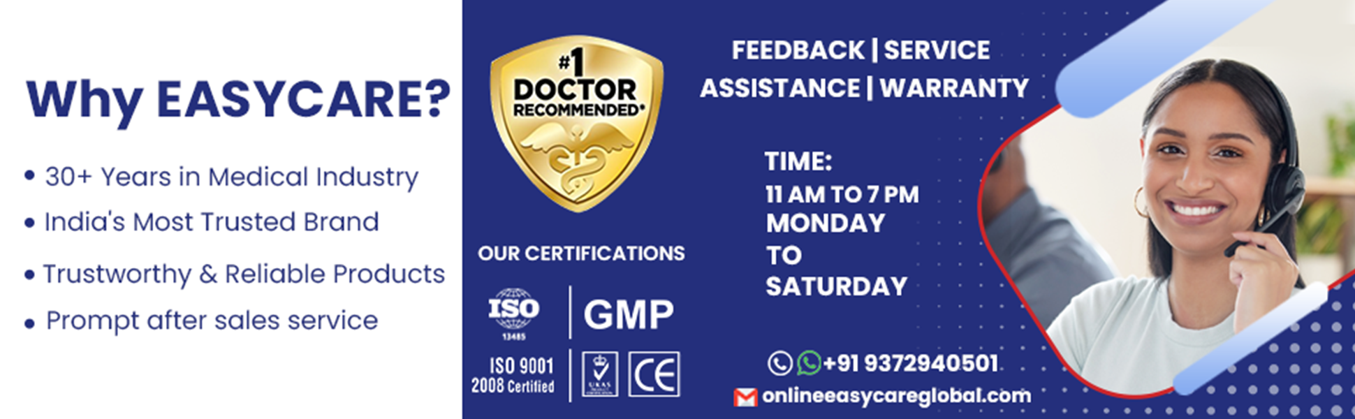 EASYCARE advertisement with contact information and certification logos on a blue background