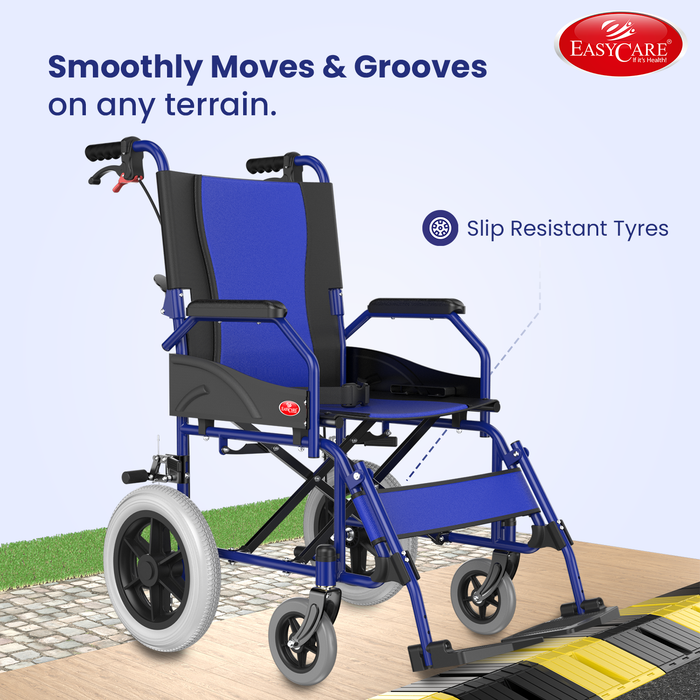 Blue wheelchair with slip resistant tyres on a blue background, featuring the EasyCare brand.