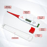  An exploded-view infographic of a flexible digital thermometer, labeling its key parts, including the mercury-free probe, large LCD display, lithium battery, and a handcase.