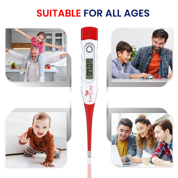 An infographic for a digital thermometer, highlighting its suitability for all ages, including babies, children, and adults, promoting it as a family-friendly device.