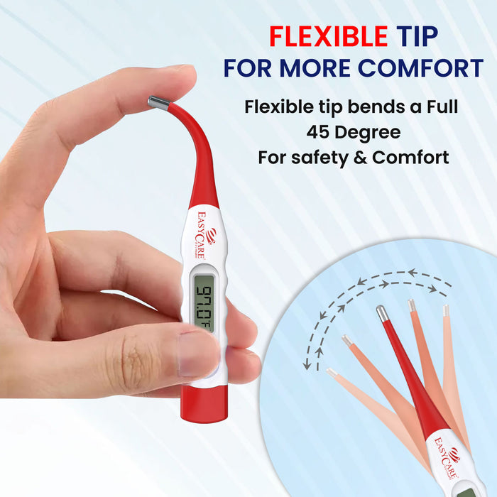  An infographic for a digital thermometer, highlighting its flexible tip that bends a full 45 degrees for enhanced safety and comfort during use.
