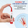  An infographic for a digital thermometer, highlighting its flexible tip that bends a full 45 degrees for enhanced safety and comfort during use.