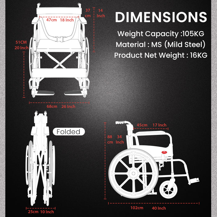 Foldable mild steel wheelchair with detailed dimensions for seat width, height, and footrest distance
