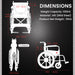 Foldable mild steel wheelchair with detailed dimensions for seat width, height, and footrest distance