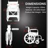 Foldable mild steel wheelchair with detailed dimensions for seat width, height, and footrest distance