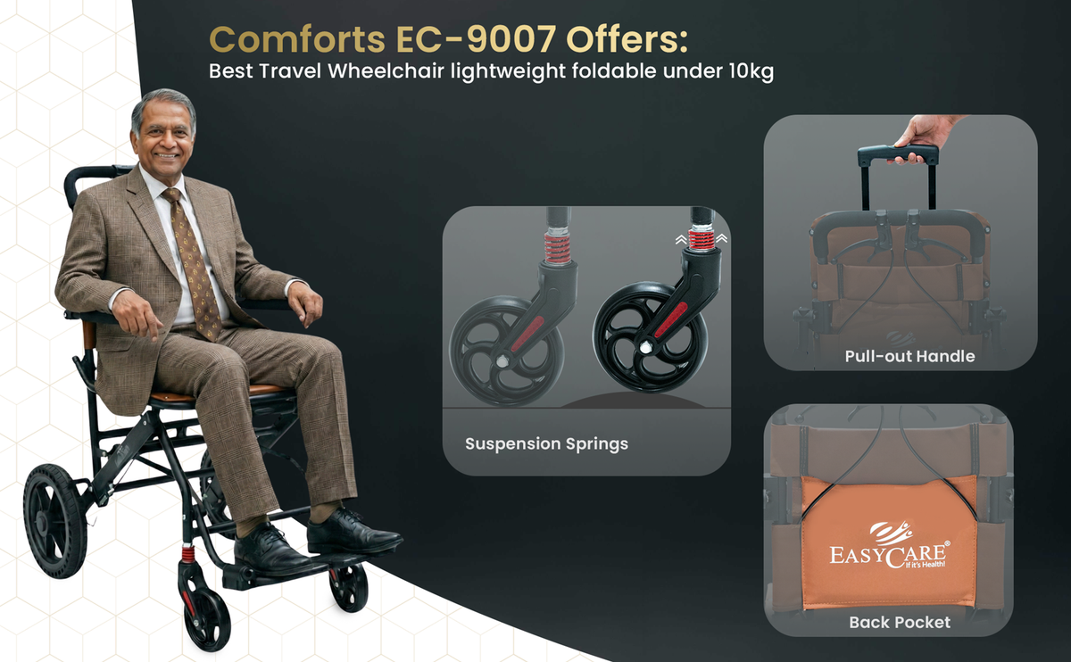 Elderly man seated in a lightweight travel wheelchair, featuring close-ups of suspension springs, a pull-out trolley handle, and a back storage pocket.