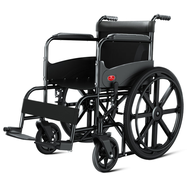 Foldable wheelchair for elderly and patients with safety belt, footrests, adjustable armrests, and compact design for easy storage and travel.