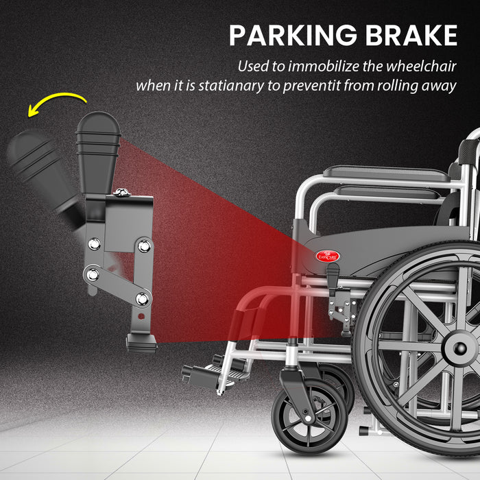 Foldable wheelchair parking brake feature to prevent rolling and ensure safety when stationary