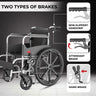 Easycare folding wheelchair with hand brake, attendant brake, and non-slippery safety grip for secure mobility control