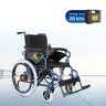 Electric wheelchair with a battery pack on a light blue background