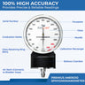 High-accuracy aneroid sphygmomanometer with labeled parts including dial gauge, needle, mmHg graduation marks, calibration rectangle, bellows chamber, and air stem for precise manual blood pressure measurement