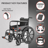High-quality mild steel material wheelchair with commode bucket, U-shape seat, flip-up footrest, and calf support, designed for comfort and stability for elderly and patients