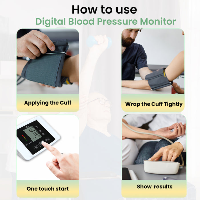 Step-by-step guide to using EasyCare Digital Blood Pressure Monitor: apply the cuff, wrap it tightly, press one-touch start, and view results on screen
