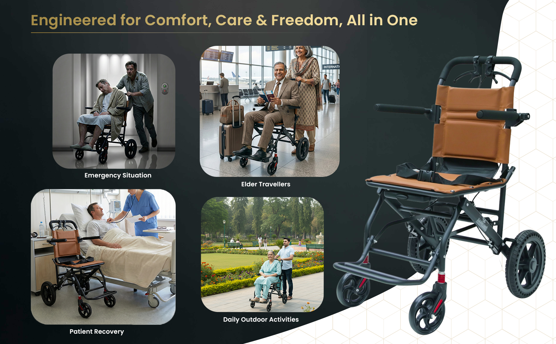 Black lightweight travel wheelchair with brown cushions shown in airport, hospital, and outdoor settings.