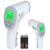 EASYCARE non-contact infrared thermometer with a backlit LCD display, showing temperature readings, alongside a battery. The device is white with grey accents.