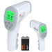 EASYCARE non-contact infrared thermometer with a backlit LCD display, showing temperature readings, alongside a battery. The device is white with grey accents.