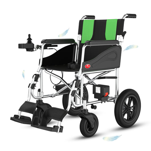 Lightweight foldable electric wheelchair with aluminum frame, dual lithium batteries, and joystick control ideal for seniors and travel use