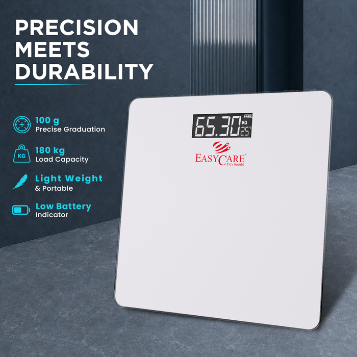 EASYCARE EC3318 B Digital Weighing Scale for Body Weight | Glass Body | 180 kg Capacity | 100 g Graduation | Auto-Off |Large LCD | kg/lb/st | White