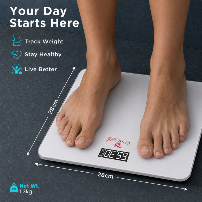 EASYCARE EC3318 B Digital Weighing Scale for Body Weight | Glass Body | 180 kg Capacity | 100 g Graduation | Auto-Off |Large LCD | kg/lb/st | White