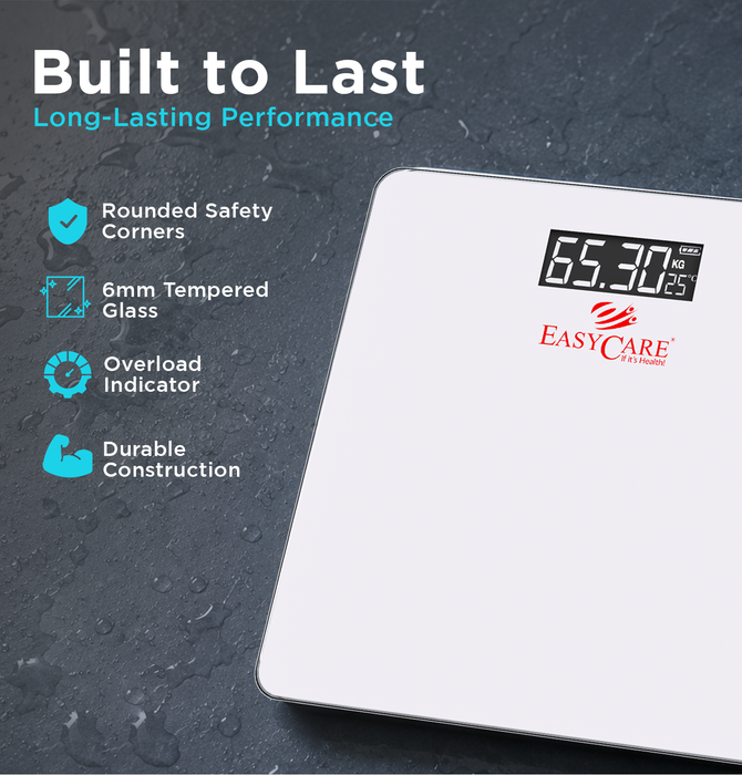 EASYCARE EC3318 B Digital Weighing Scale for Body Weight | Glass Body | 180 kg Capacity | 100 g Graduation | Auto-Off |Large LCD | kg/lb/st | White