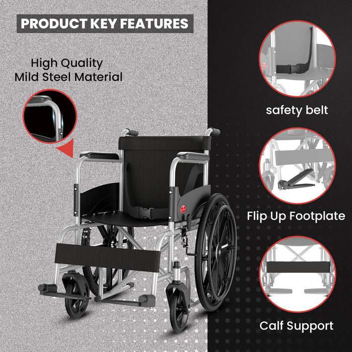 Mild steel foldable wheelchair highlighting safety belt, flip-up footplate, and calf support features