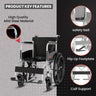 Mild steel foldable wheelchair highlighting safety belt, flip-up footplate, and calf support features