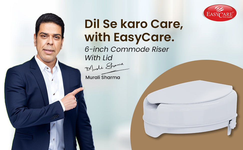 Advertisement for EasyCare commode riser with seat cover a man pointing to it and the product on a brown background.