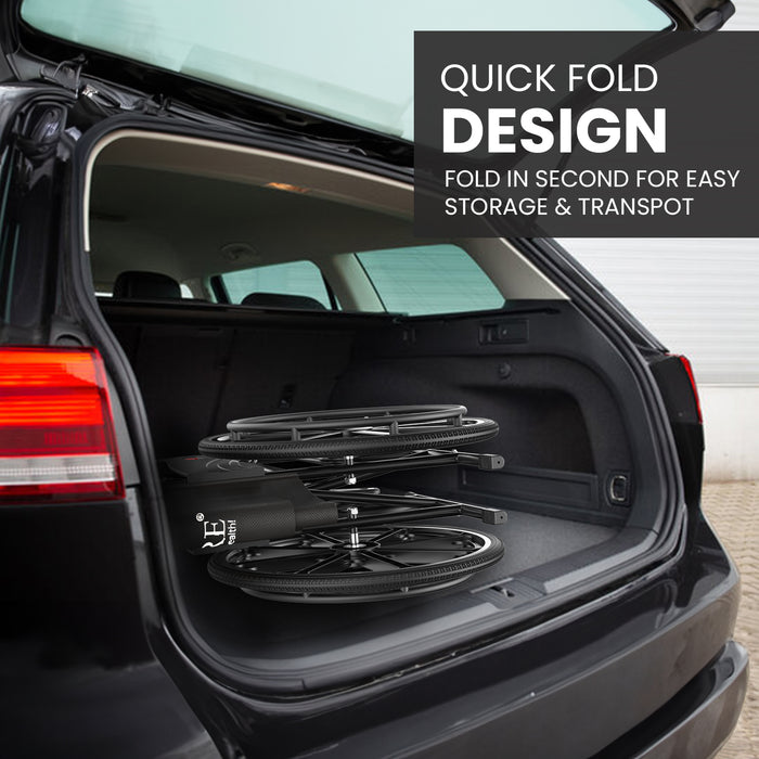 Easy-to-fold design of EasyCare commode wheelchair for quick storage and transport, demonstrated by the wheelchair folded and stored in the back of a car for convenience. Ideal for mobility and travel-friendly use.