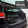 Easy-to-fold design of EasyCare commode wheelchair for quick storage and transport, demonstrated by the wheelchair folded and stored in the back of a car for convenience. Ideal for mobility and travel-friendly use.