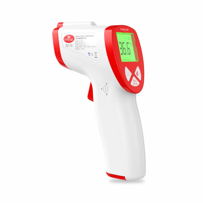 Infrared thermometer with digital display on a white background