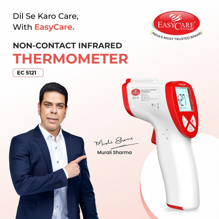 Advertisement for EasyCare non-contact infrared thermometer with a man pointing to it.