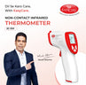 Advertisement for EasyCare non-contact infrared thermometer with a man pointing to it.