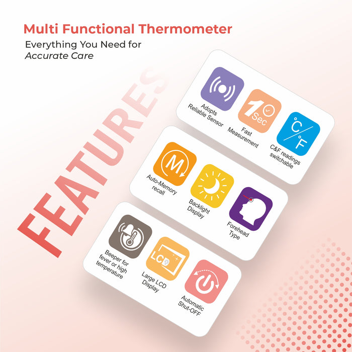 Multi-functional thermometer with feature icons on a light pink background