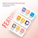 Multi-functional thermometer with feature icons on a light pink background