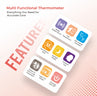 Multi-functional thermometer with feature icons on a light pink background