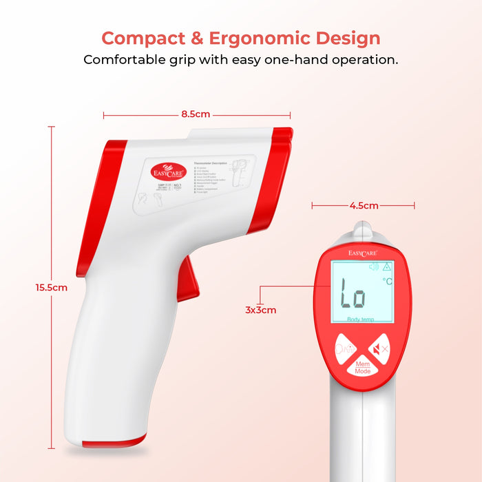 Infrared thermometer with dimensions and ergonomic design features on a light pink background