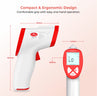 Infrared thermometer with dimensions and ergonomic design features on a light pink background