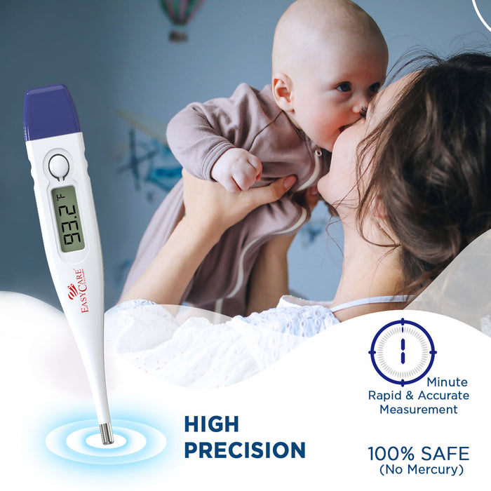 An advertisement for a digital thermometer, highlighting its high precision, 100% safe (no mercury) design, and 1-minute rapid measurement, making it perfect for use with babies.