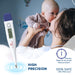 An advertisement for a digital thermometer, highlighting its high precision, 100% safe (no mercury) design, and 1-minute rapid measurement, making it perfect for use with babies.