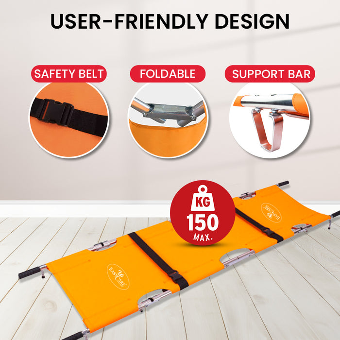 User-Friendly Foldable Stretcher Design - Safety Belt, Support Bar, 150kg Weight Capacity for Patient Transport